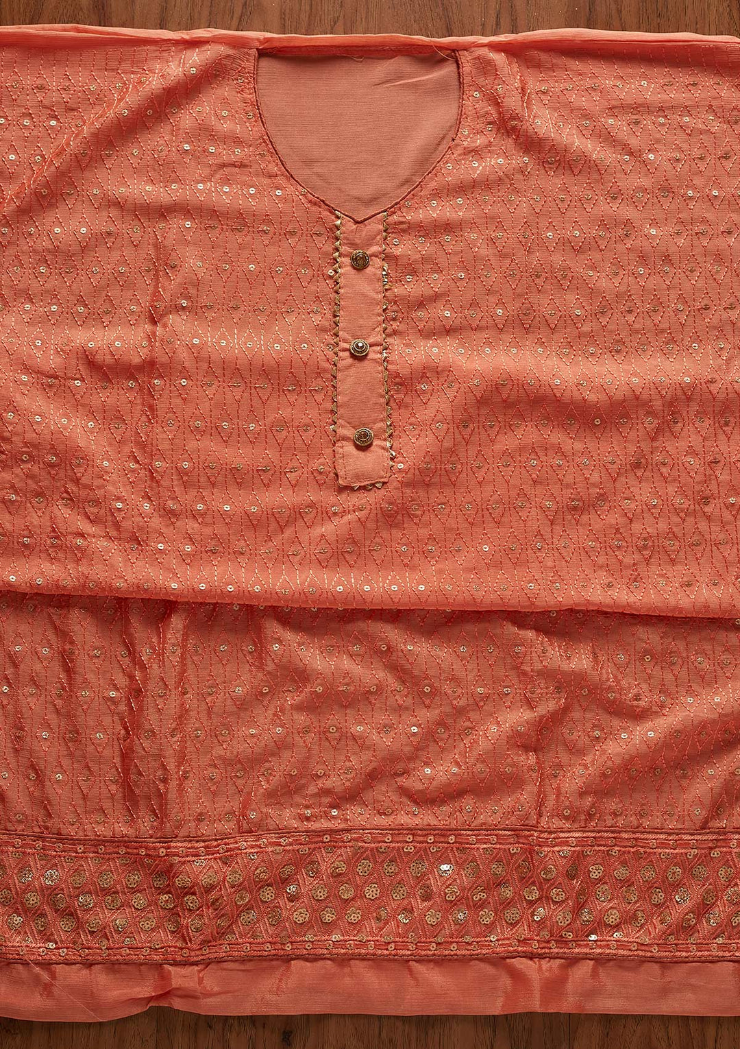 Peach Sequins Georgette Designer Unstitched Salwar Suit - koskii