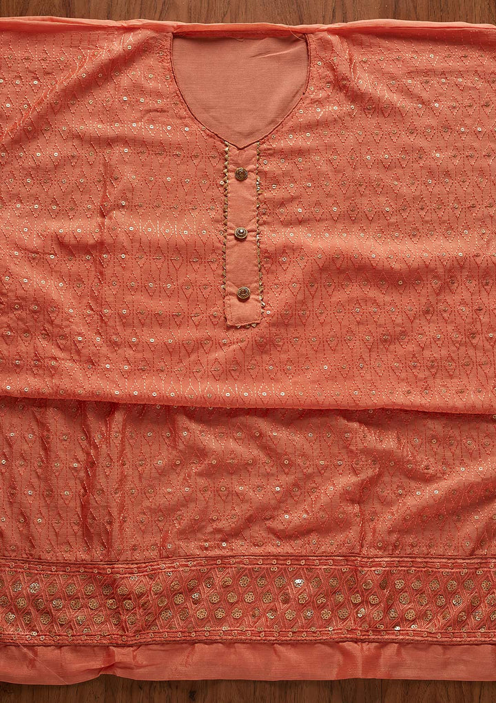 Peach Sequins Georgette Designer Unstitched Salwar Suit - koskii