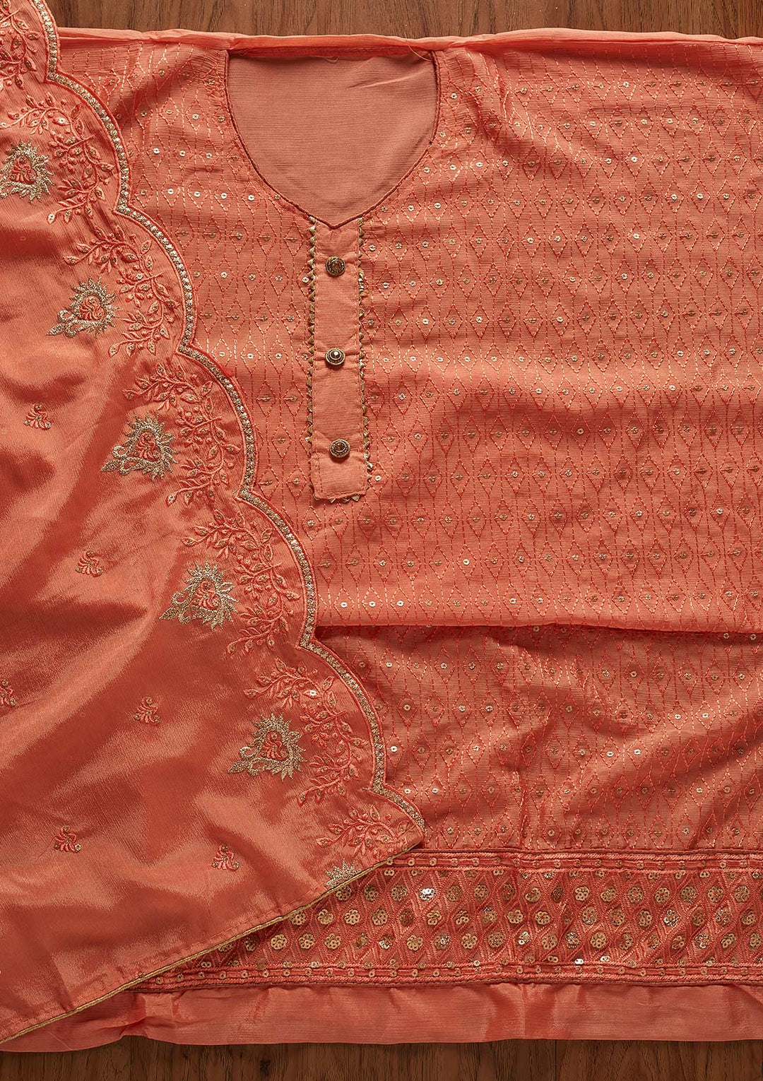 Peach Sequins Georgette Designer Unstitched Salwar Suit - koskii
