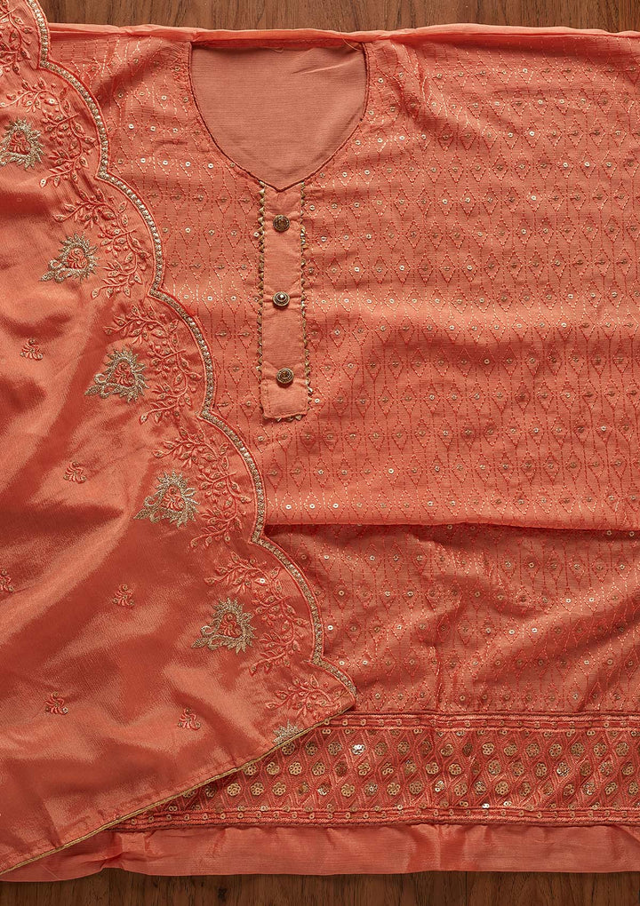 Peach Sequins Georgette Designer Unstitched Salwar Suit - koskii