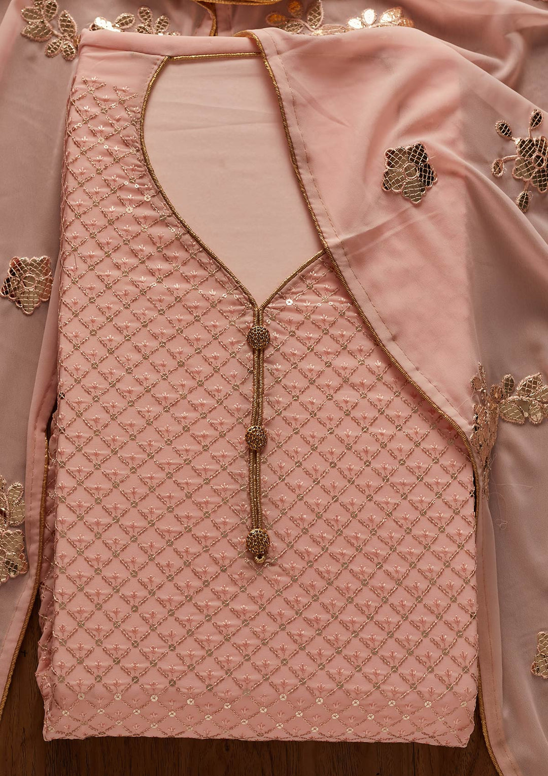 Peach Sequins Georgette Designer Unstitched Salwar Suit - koskii
