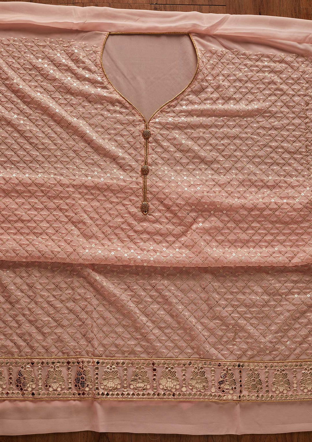 Peach Sequins Georgette Designer Unstitched Salwar Suit - koskii