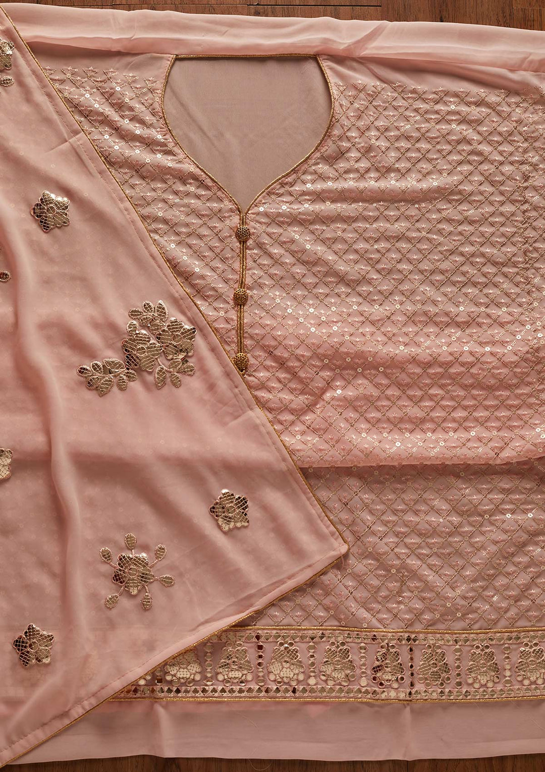 Peach Sequins Georgette Designer Unstitched Salwar Suit - koskii