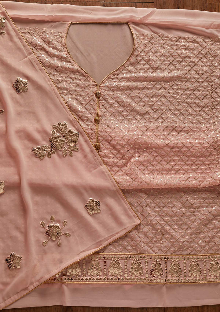 Peach Sequins Georgette Designer Unstitched Salwar Suit - koskii