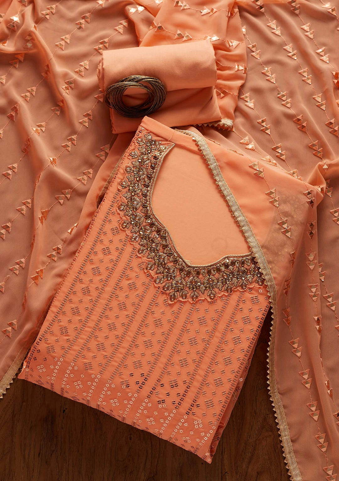 Peach Sequins Georgette Designer Unstitched Salwar Suit - koskii