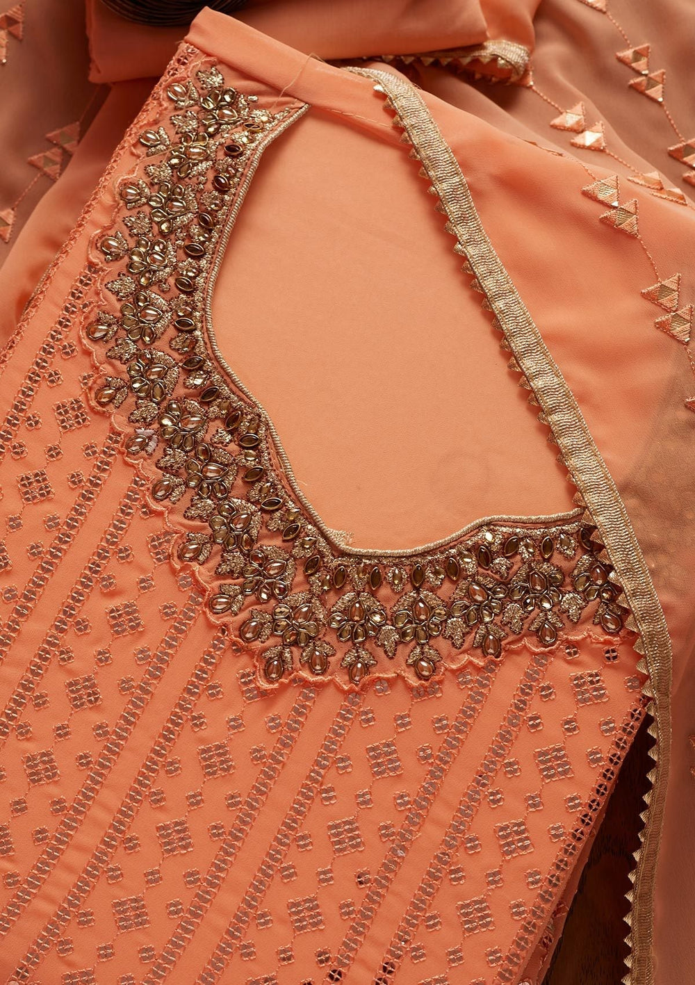Peach Sequins Georgette Designer Unstitched Salwar Suit - koskii