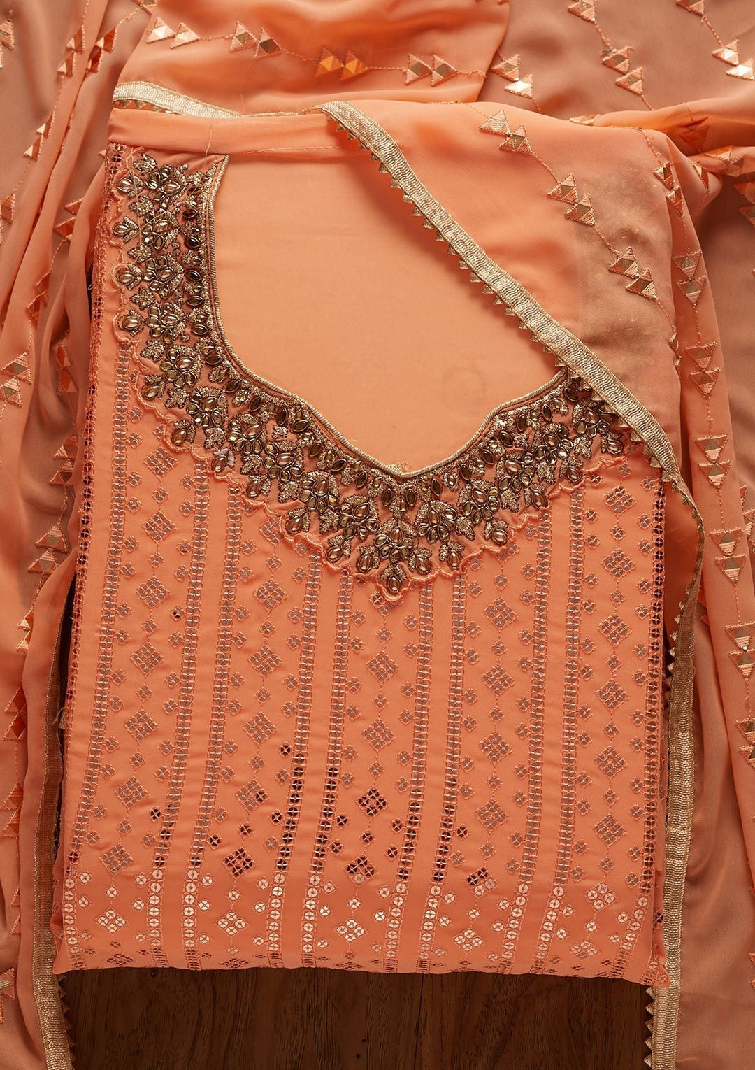 Peach Sequins Georgette Designer Unstitched Salwar Suit - koskii