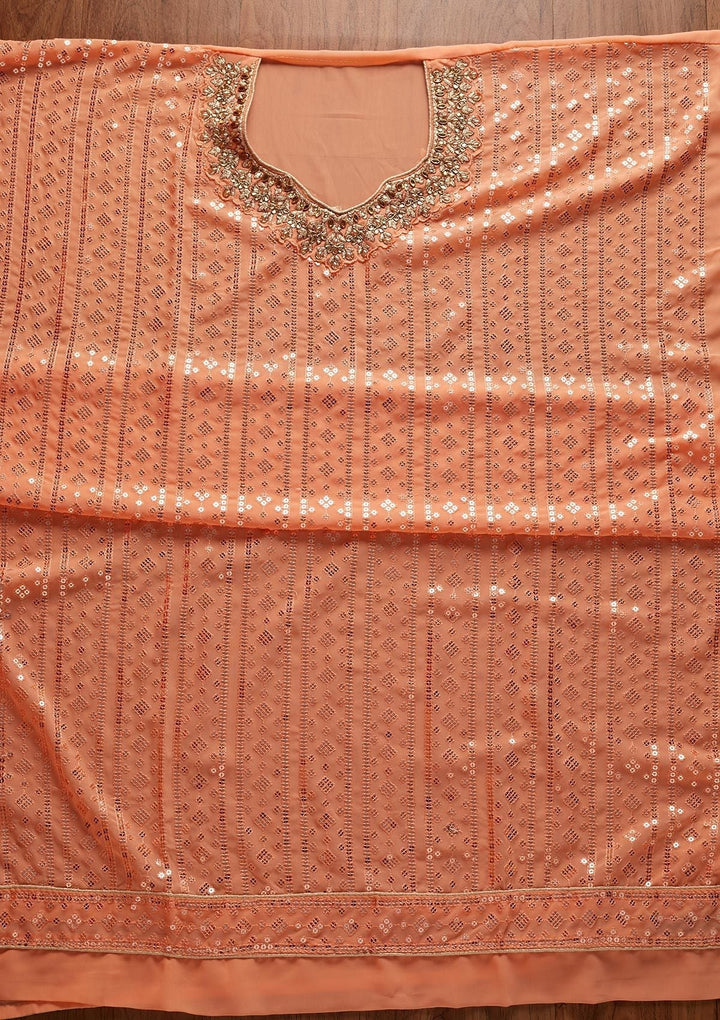 Peach Sequins Georgette Designer Unstitched Salwar Suit - koskii