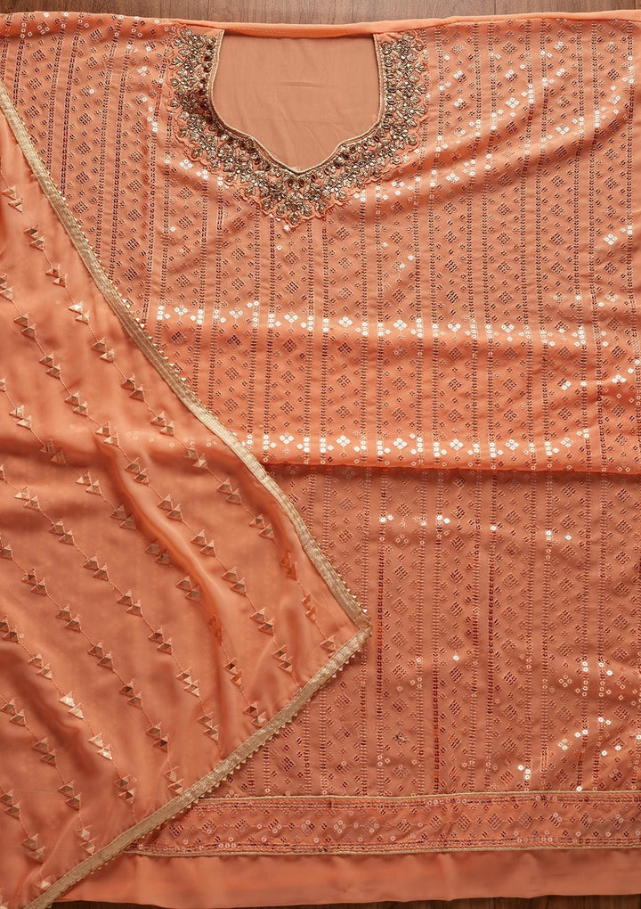 Peach Sequins Georgette Designer Unstitched Salwar Suit - koskii