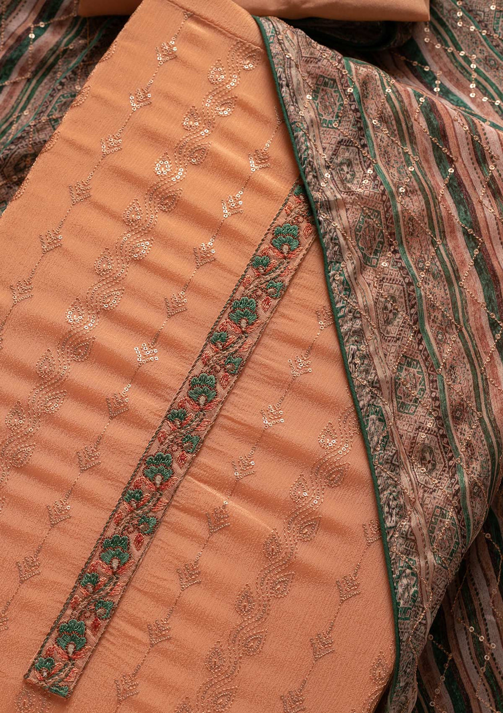 Peach Sequins Georgette Designer Unstitched Salwar Suit - koskii