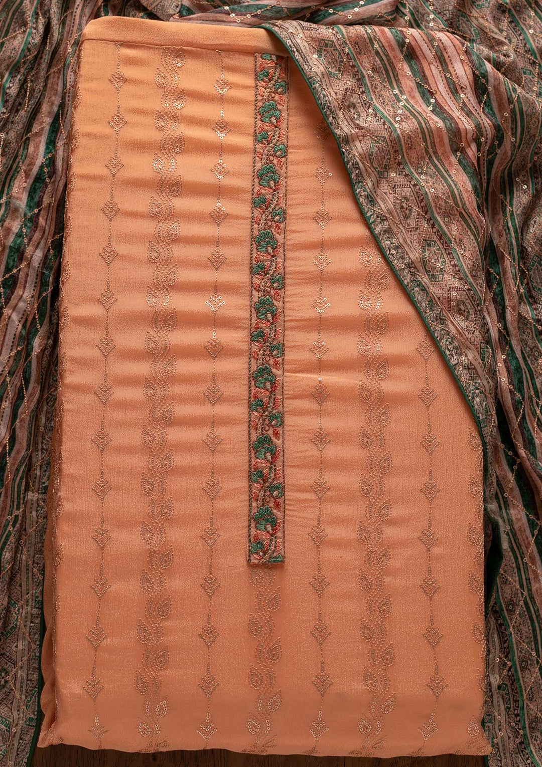 Peach Sequins Georgette Designer Unstitched Salwar Suit - koskii