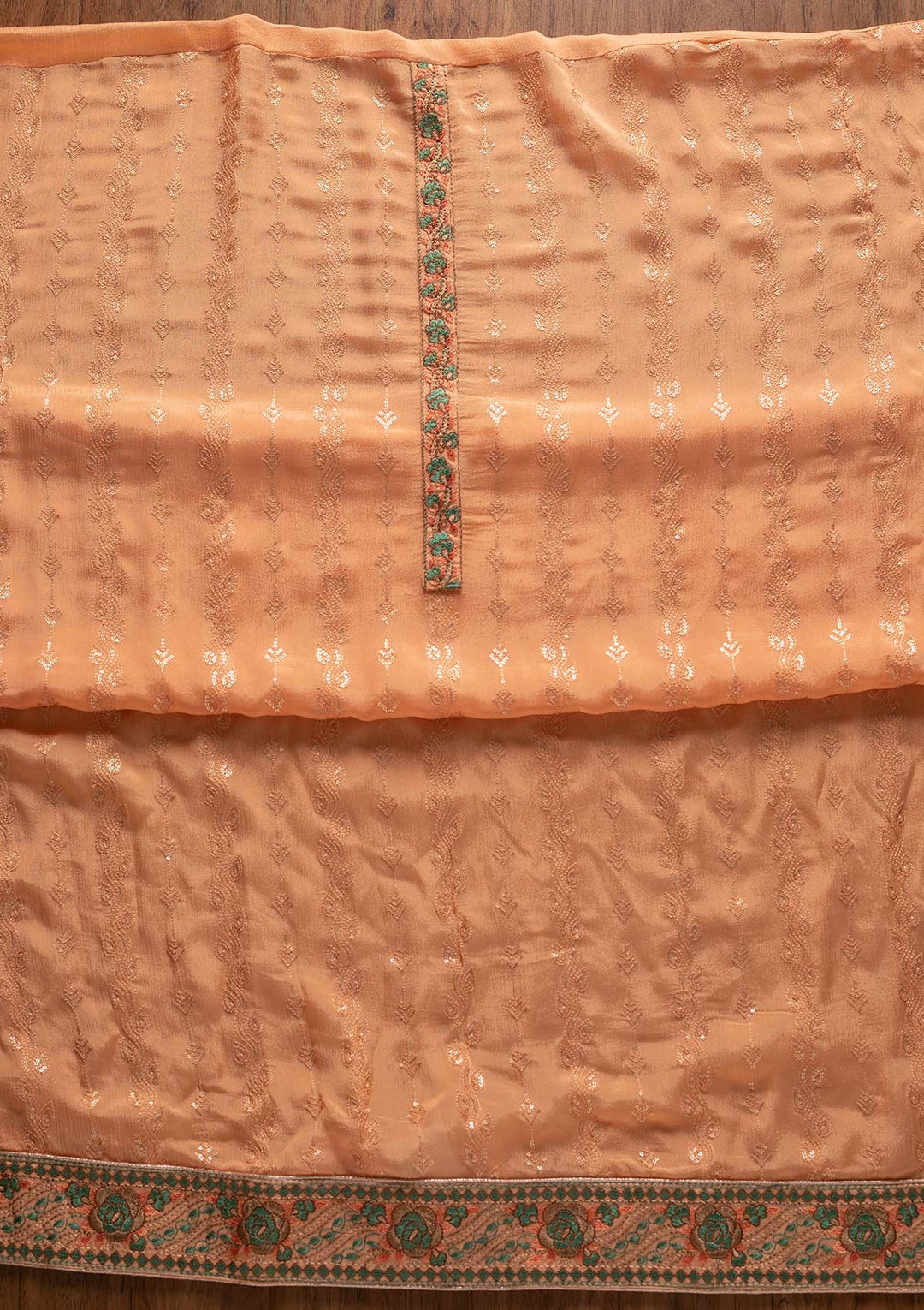 Peach Sequins Georgette Designer Unstitched Salwar Suit - koskii
