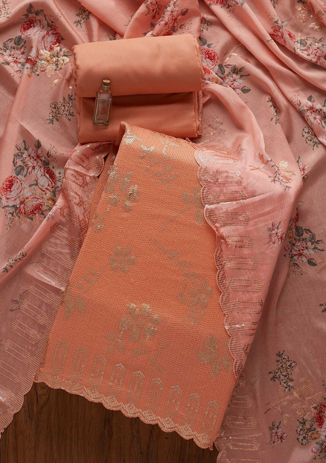 Peach Sequins Georgette Designer Unstitched Salwar Suit - koskii