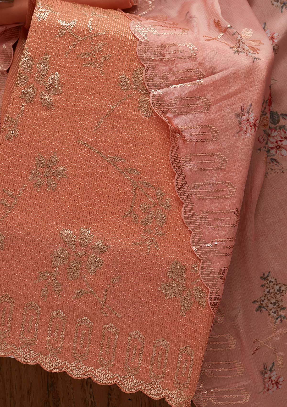 Peach Sequins Georgette Designer Unstitched Salwar Suit - koskii
