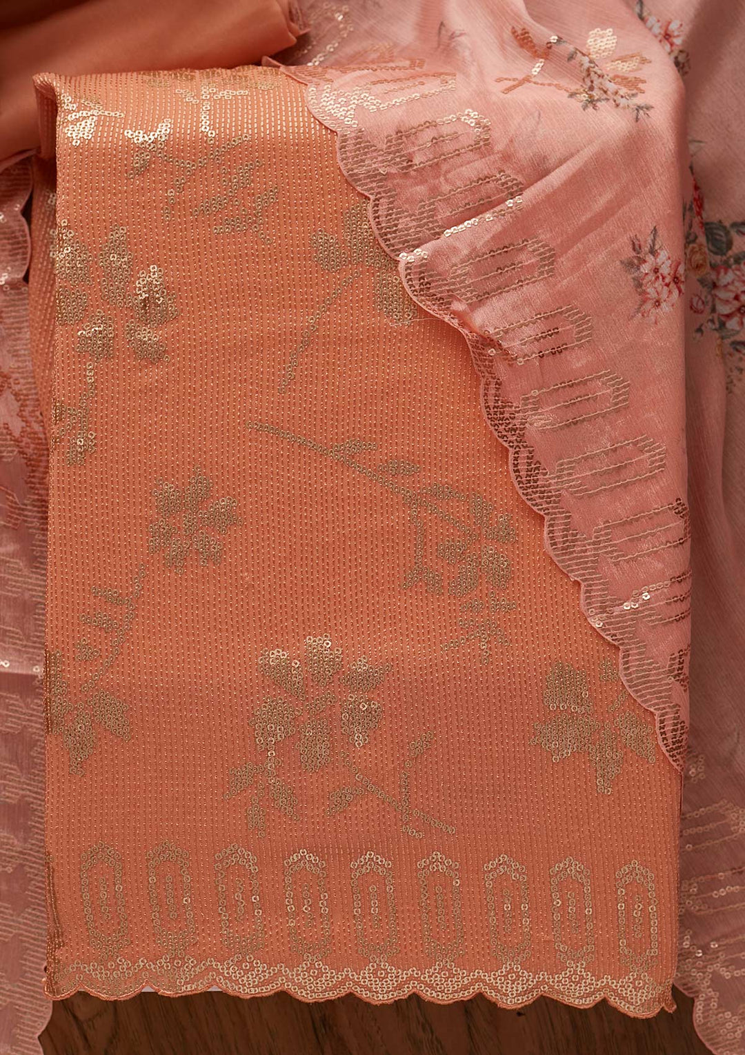 Peach Sequins Georgette Designer Unstitched Salwar Suit - koskii