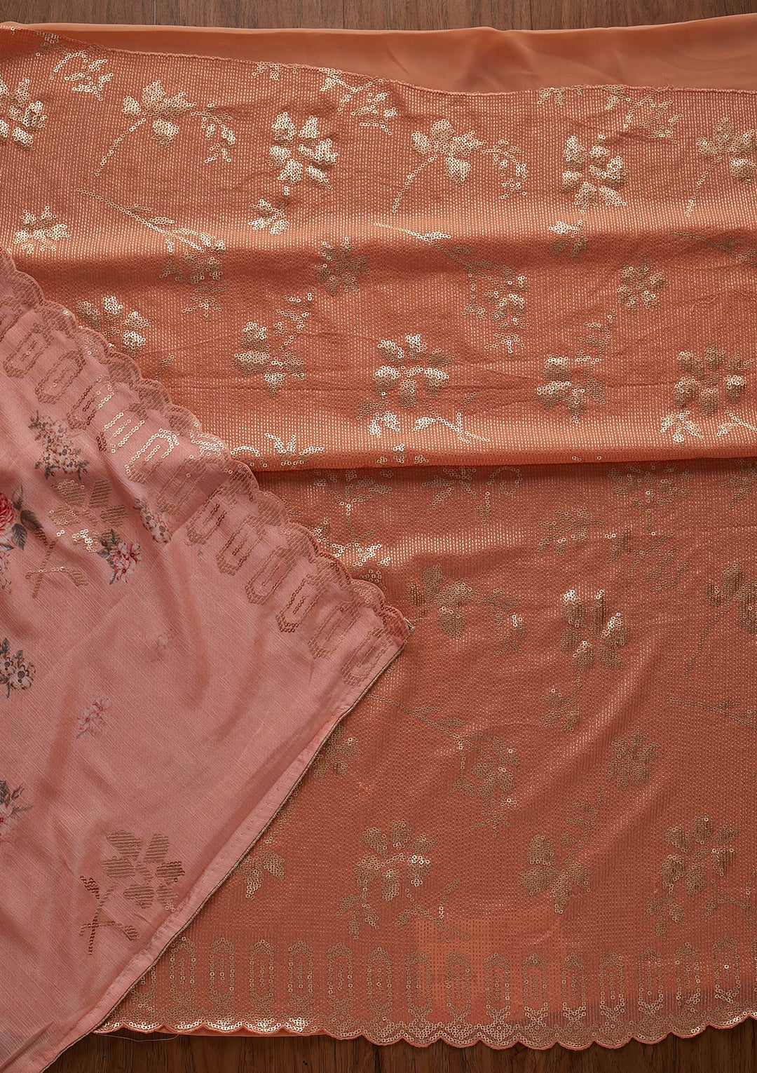 Peach Sequins Georgette Designer Unstitched Salwar Suit - koskii