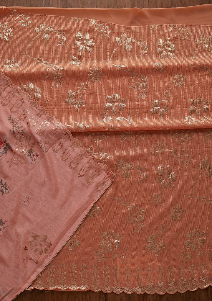 Peach Sequins Georgette Designer Unstitched Salwar Suit - koskii