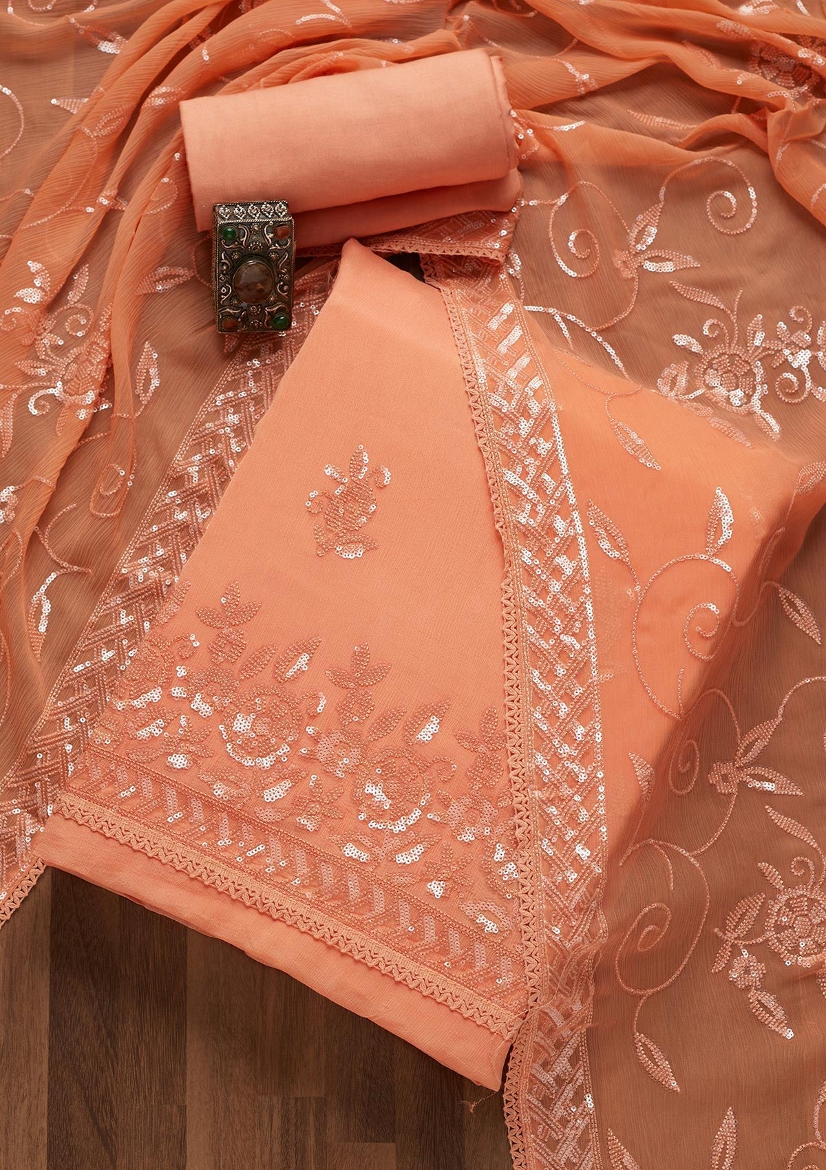 Peach Sequins Georgette Unstitched Salwar Suit- Koskii