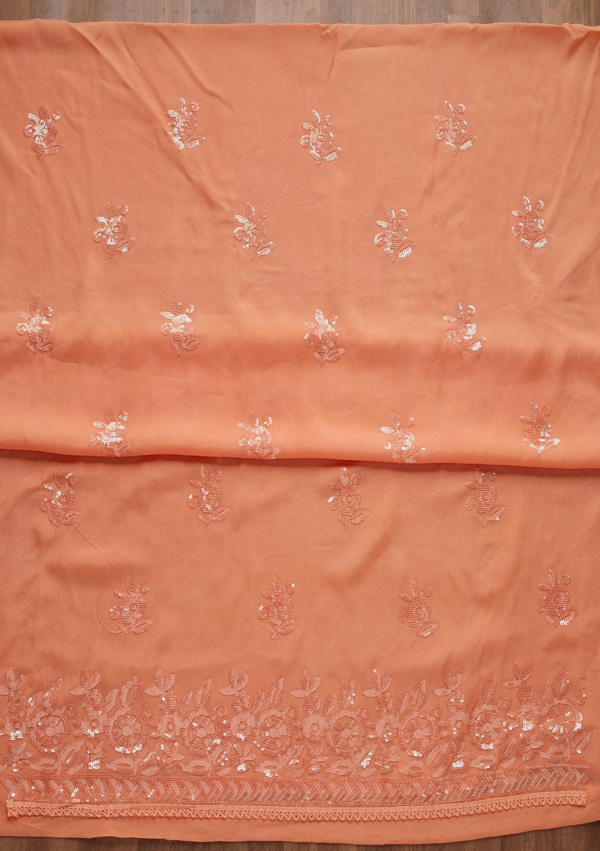 Peach Sequins Georgette Unstitched Salwar Suit - Koskii