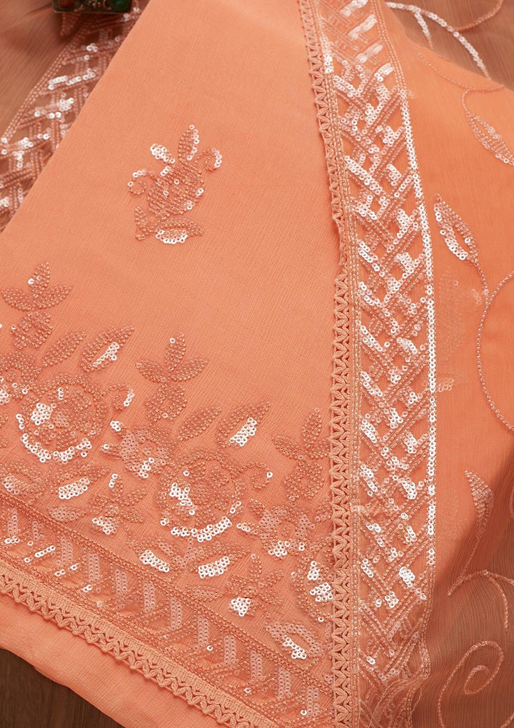 Peach Sequins Georgette Unstitched Salwar Suit - Koskii
