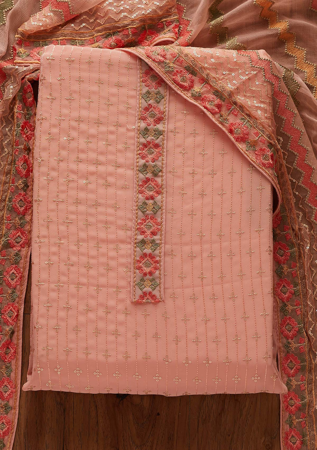 Peach Sequins Georgette Designer Unstitched Salwar Suit - koskii