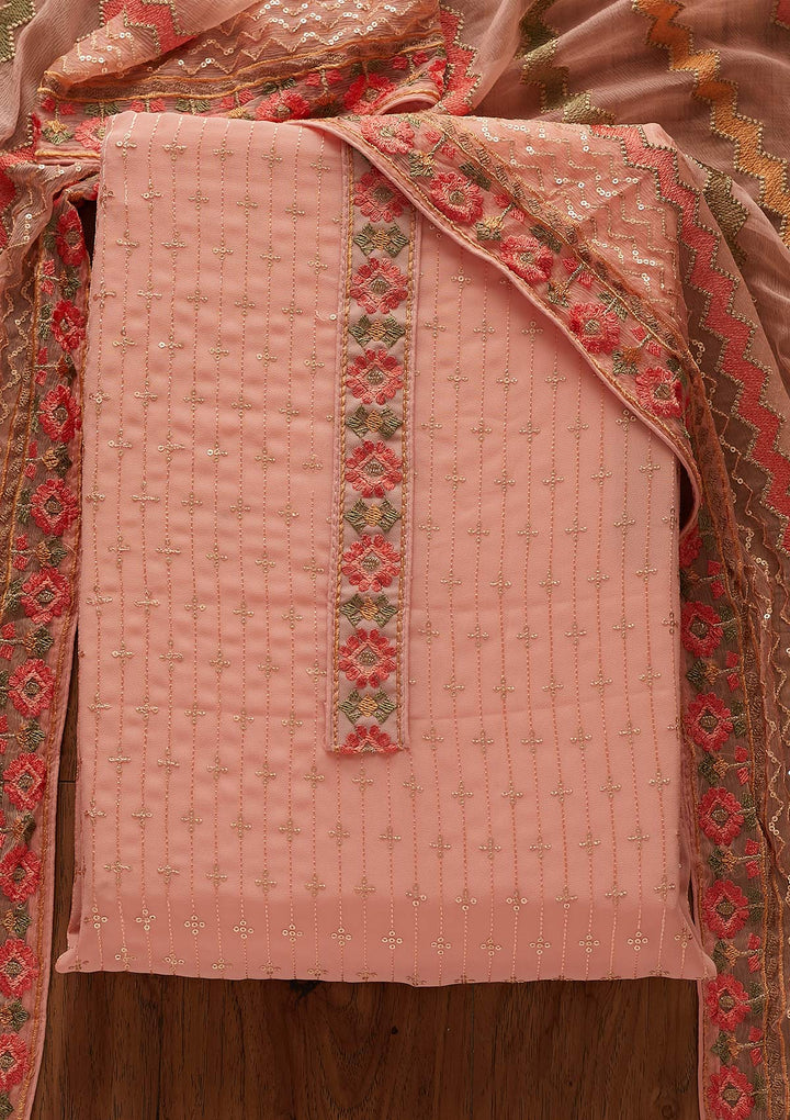 Peach Sequins Georgette Designer Unstitched Salwar Suit - koskii