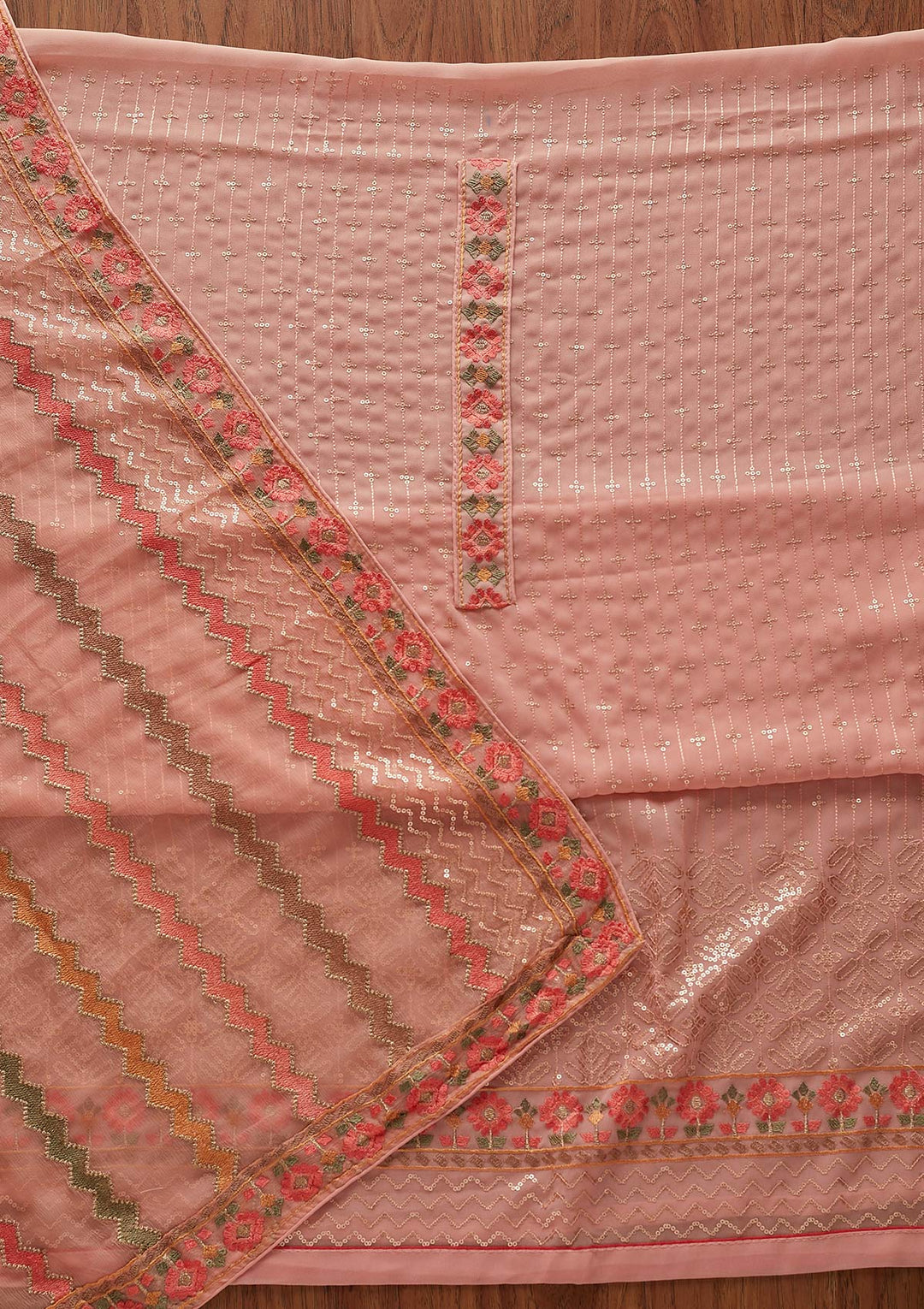 Peach Sequins Georgette Designer Unstitched Salwar Suit - koskii