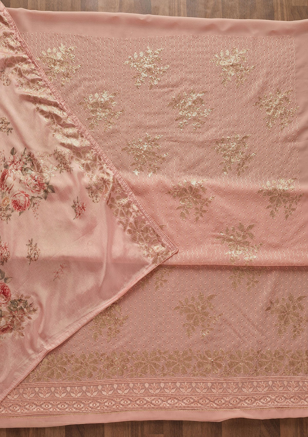 Peach Sequins Georgette Designer Unstitched Salwar Suit - Koskii