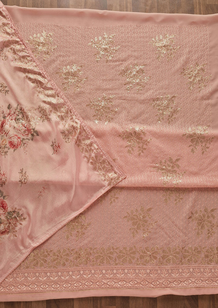 Peach Sequins Georgette Designer Unstitched Salwar Suit - Koskii