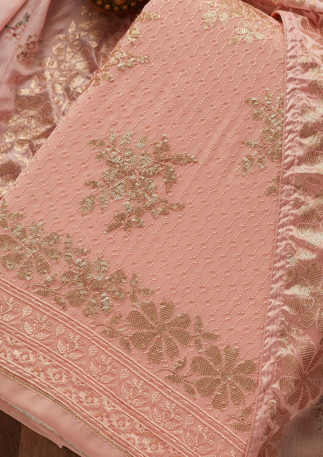 Peach Sequins Georgette Designer Unstitched Salwar Suit - Koskii