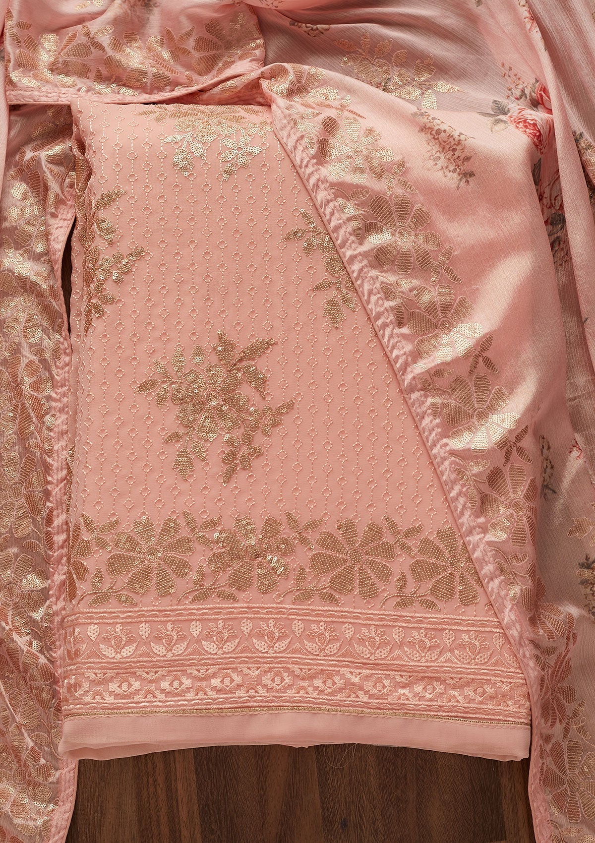 Peach Sequins Georgette Designer Unstitched Salwar Suit - Koskii