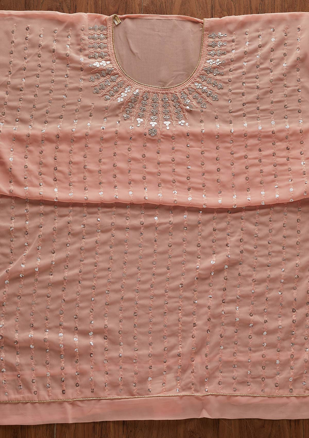 Peach Sequins Georgette Designer Unstitched Salwar Suit - Koskii