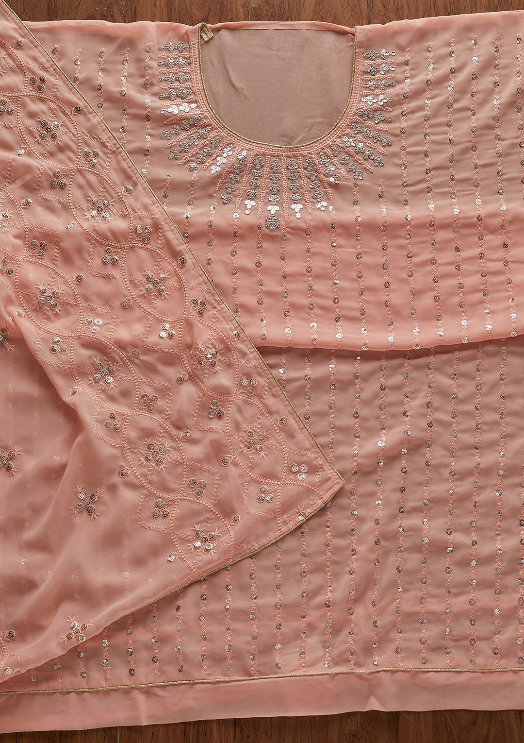 Peach Sequins Georgette Designer Unstitched Salwar Suit - Koskii