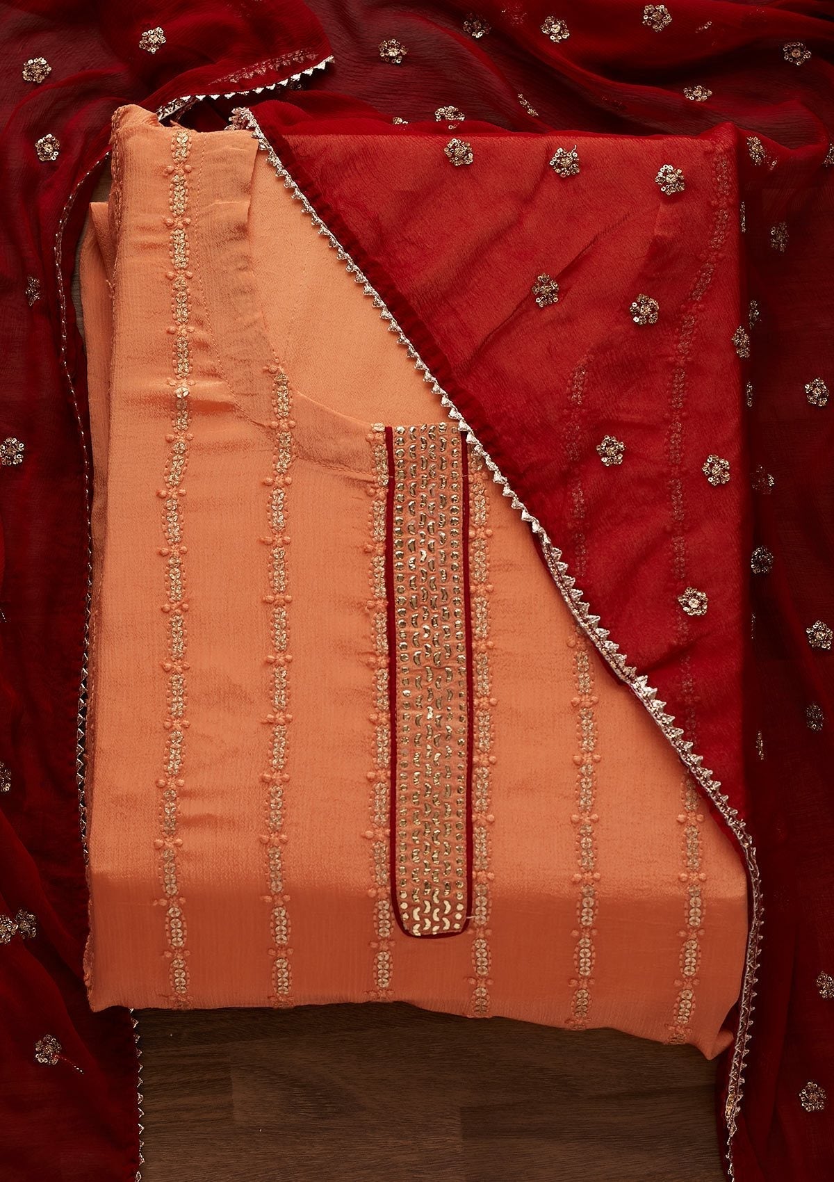 Peach Sequins Georgette Designer Unstitched Salwar Suit - Koskii