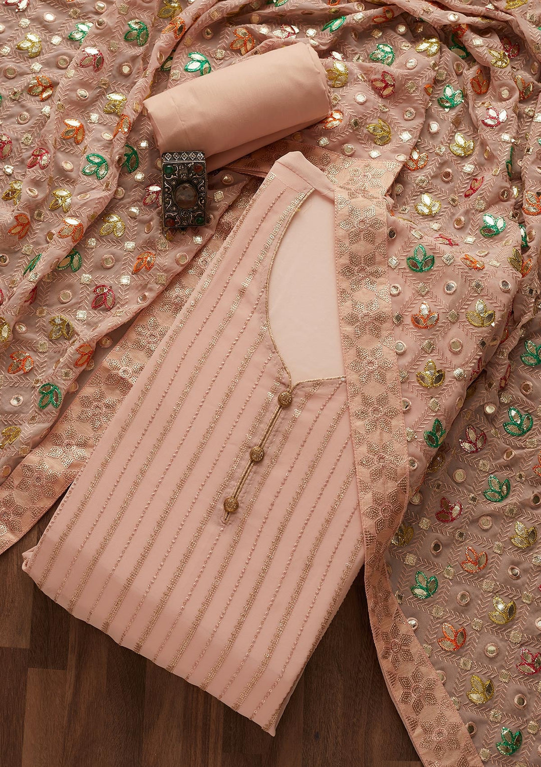 Peach Sequins Georgette Designer Unstitched Salwar Suit - Koskii