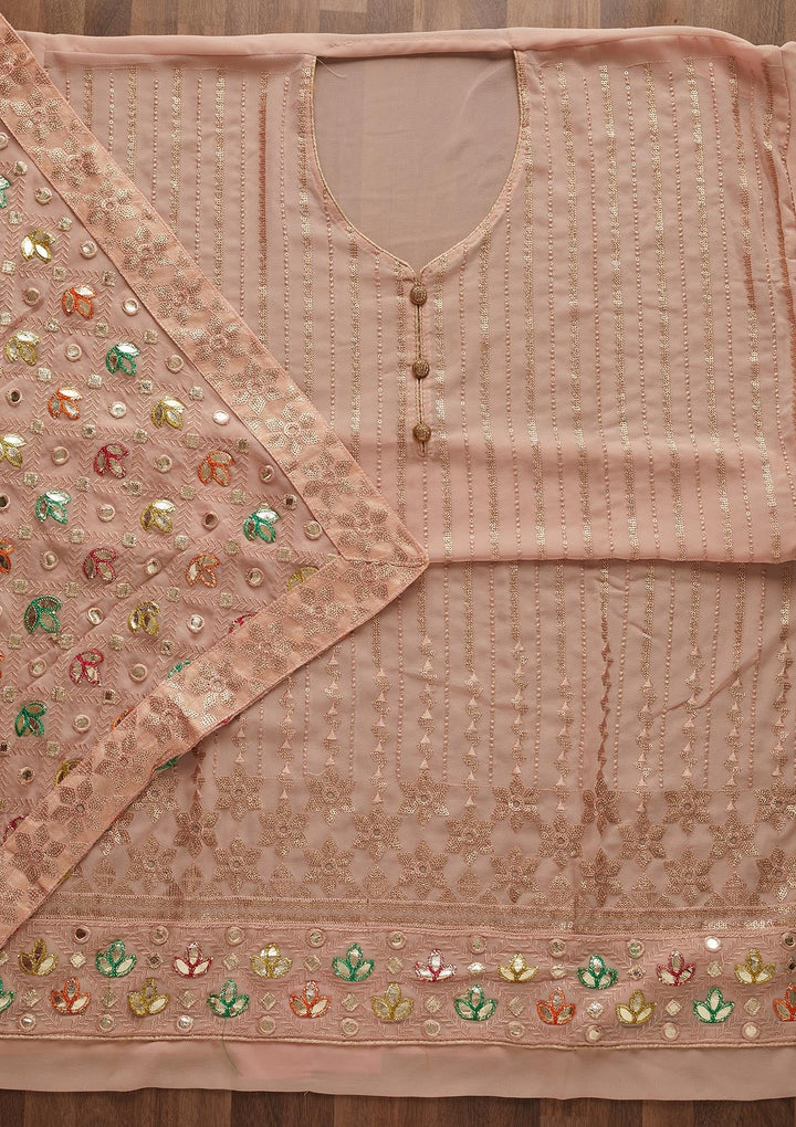 Peach Sequins Georgette Designer Unstitched Salwar Suit - Koskii