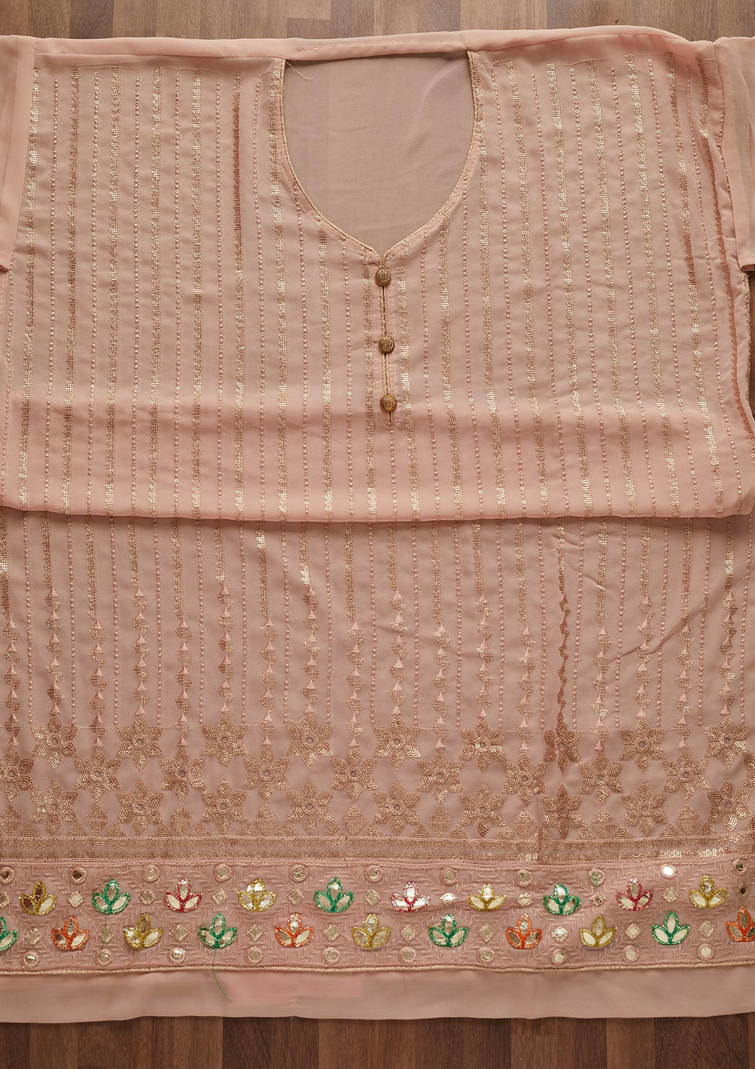 Peach Sequins Georgette Designer Unstitched Salwar Suit - Koskii
