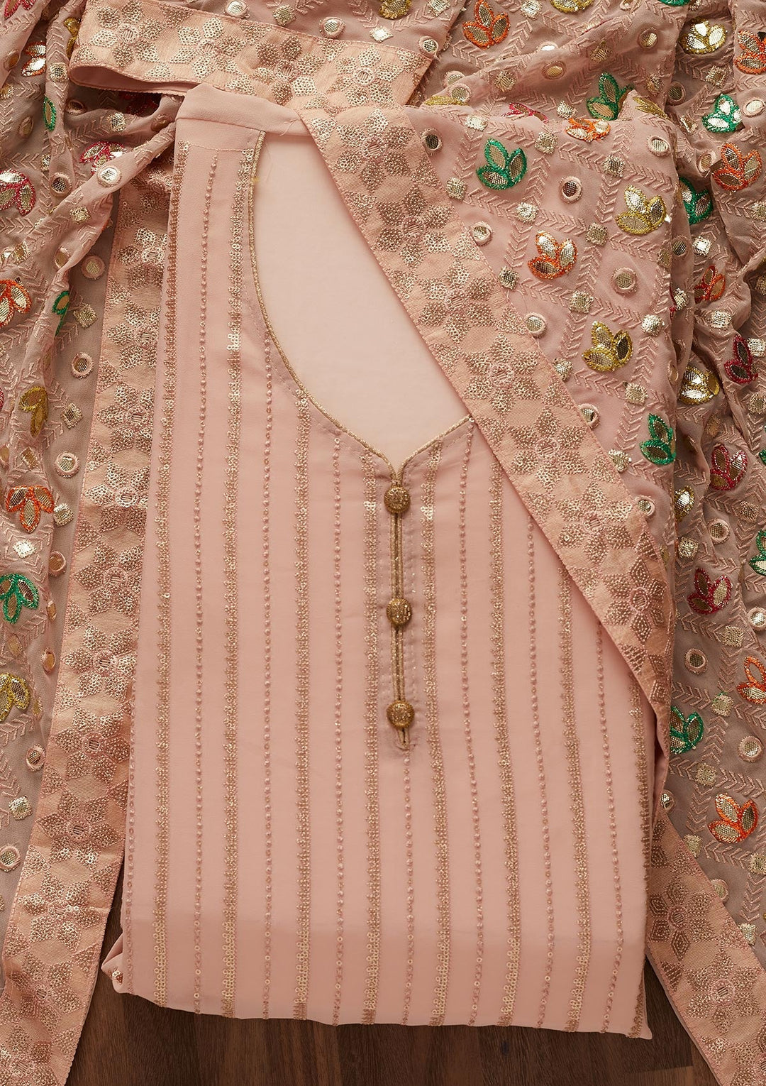 Peach Sequins Georgette Designer Unstitched Salwar Suit - Koskii