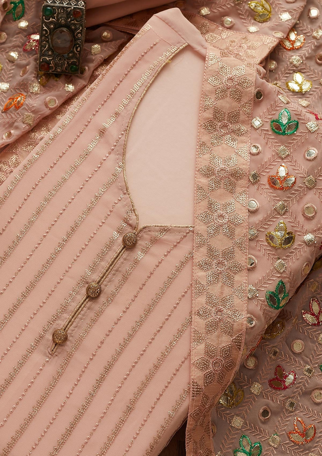 Peach Sequins Georgette Designer Unstitched Salwar Suit - Koskii