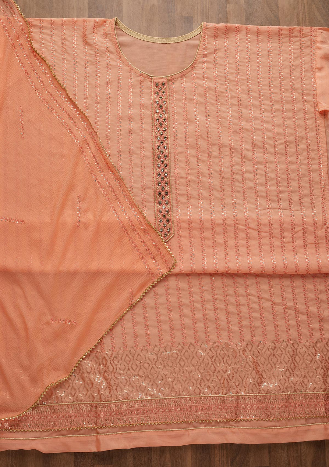 Peach Sequins Georgette Unstitched Salwar Suit-Koskii