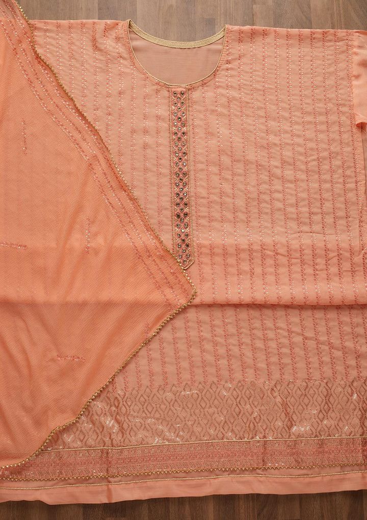 Peach Sequins Georgette Unstitched Salwar Suit-Koskii