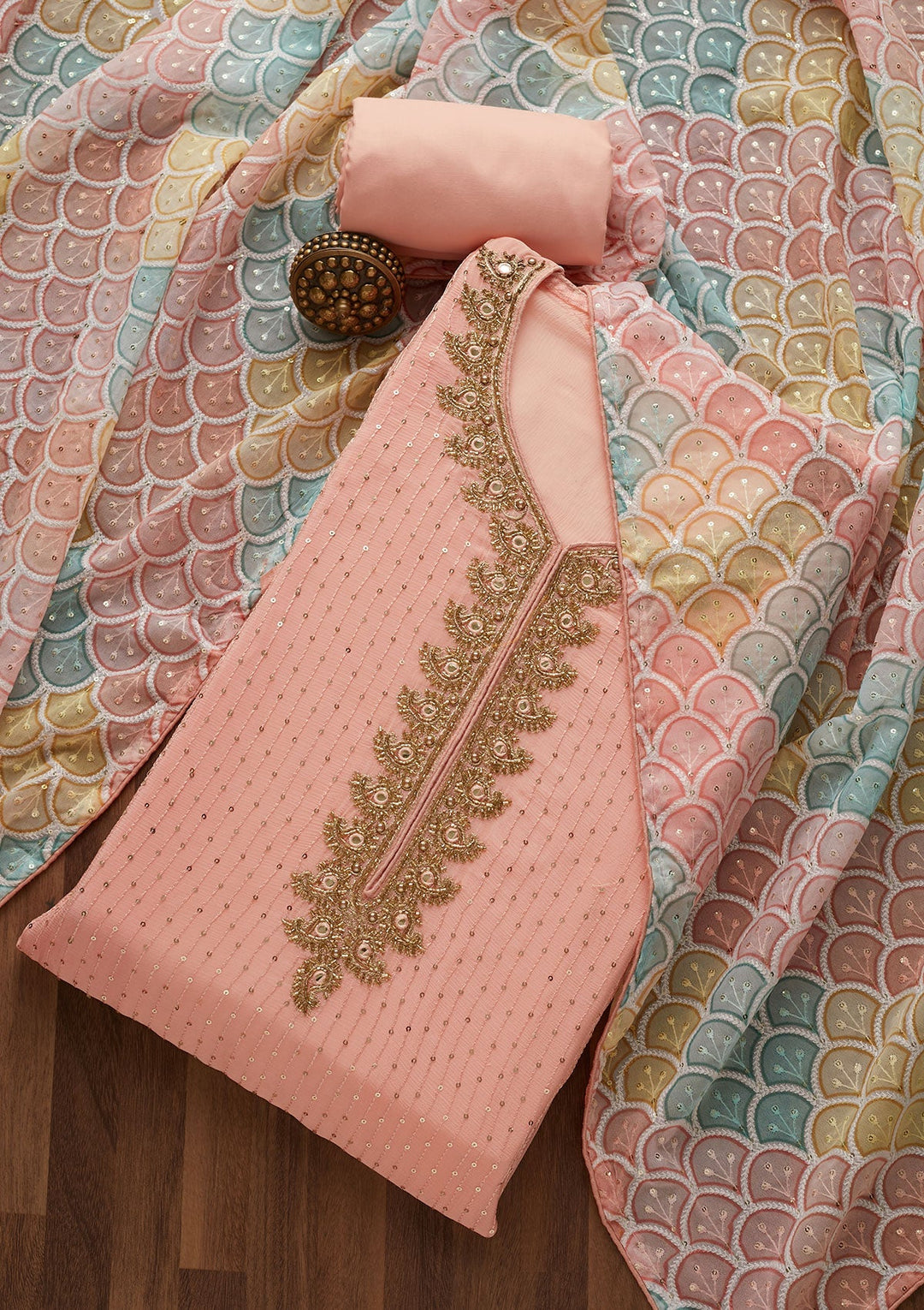 Peach Sequins Georgette Unstitched Salwar Suit-Koskii