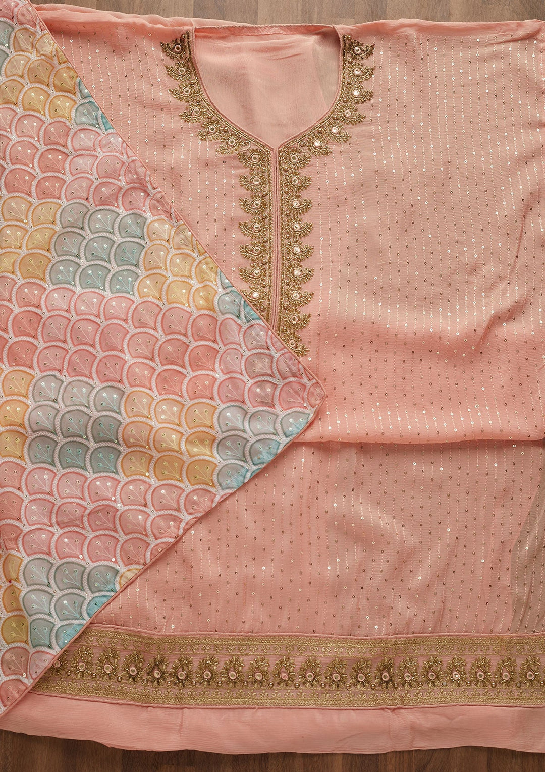 Peach Sequins Georgette Unstitched Salwar Suit-Koskii