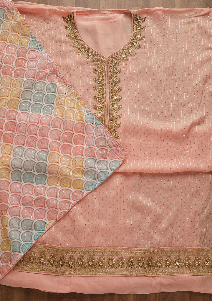 Peach Sequins Georgette Unstitched Salwar Suit-Koskii