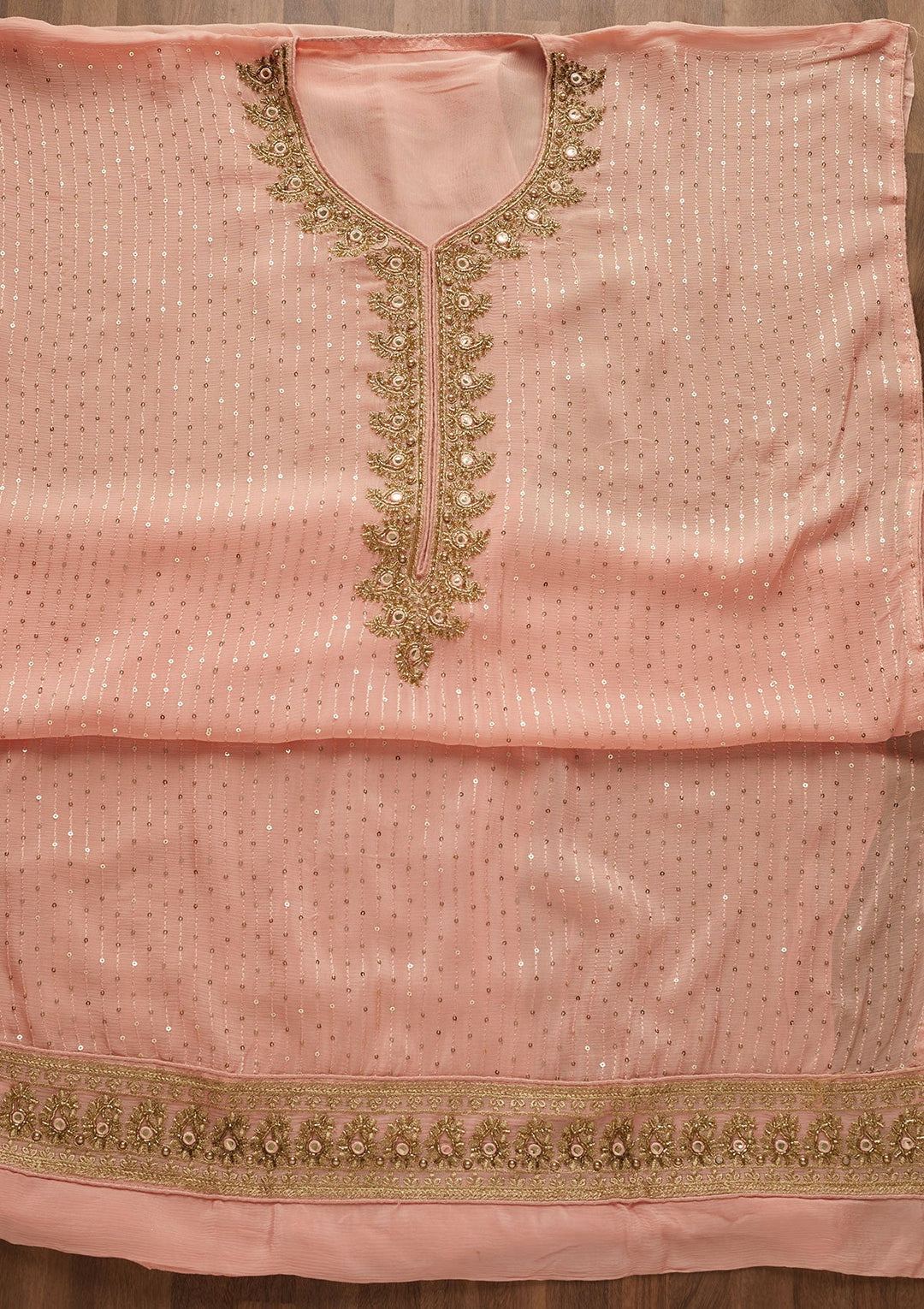 Peach Sequins Georgette Unstitched Salwar Suit-Koskii