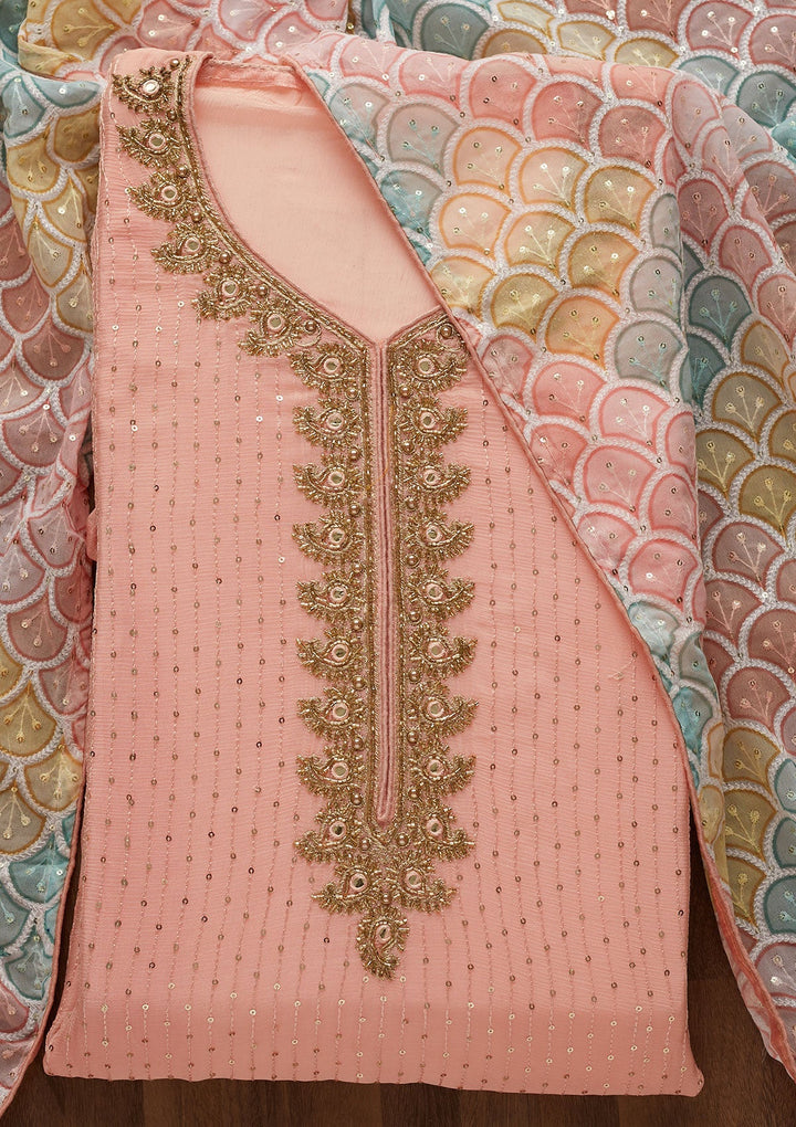 Peach Sequins Georgette Unstitched Salwar Suit-Koskii