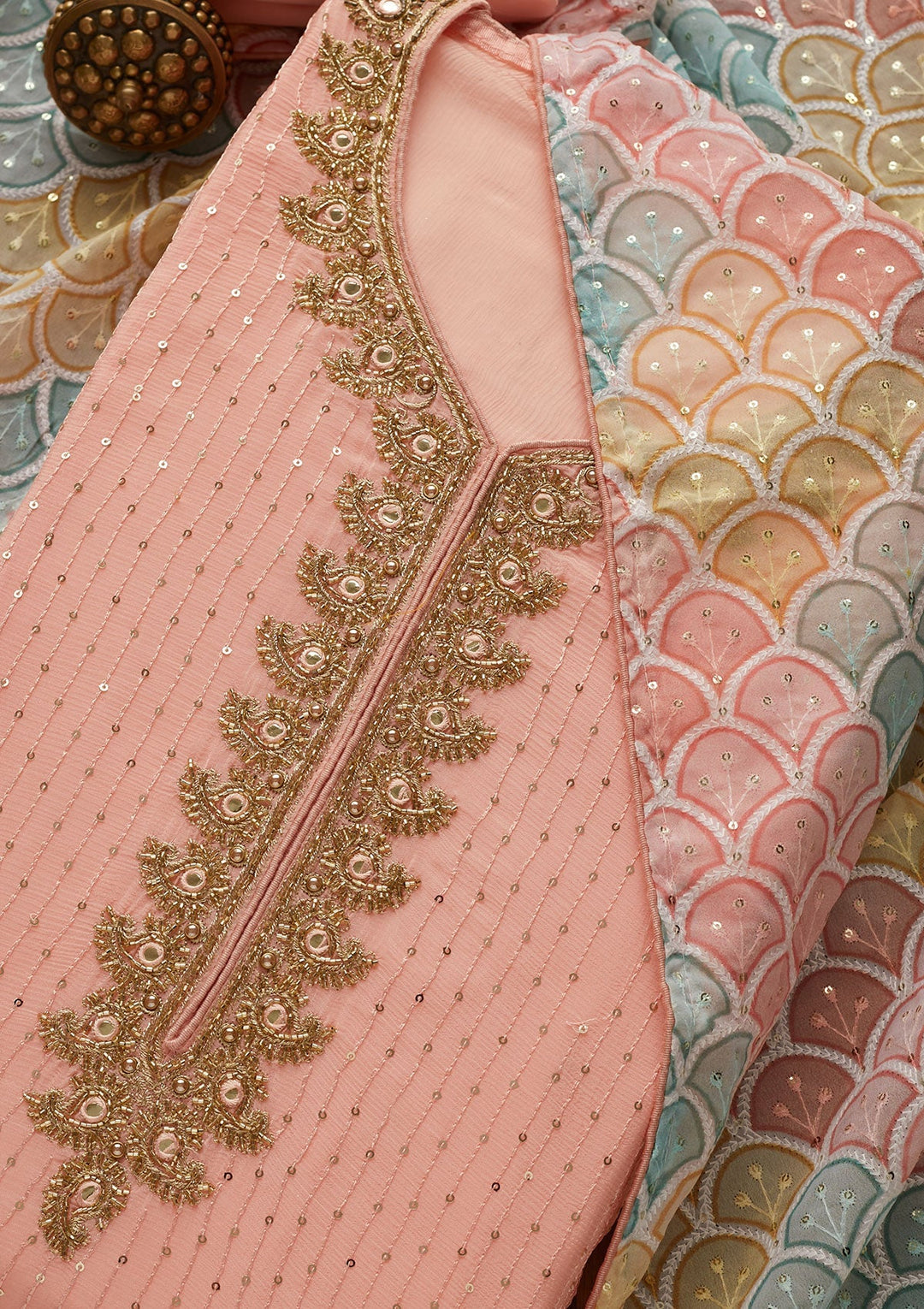 Peach Sequins Georgette Unstitched Salwar Suit-Koskii
