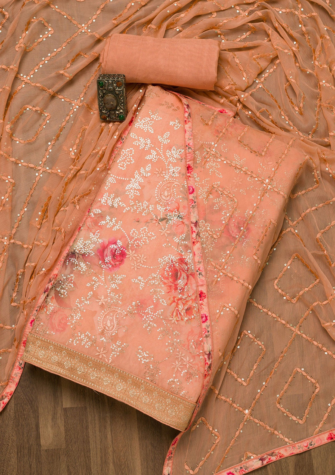 Peach Sequins Georgette Unstitched Salwar Suit-Koskii