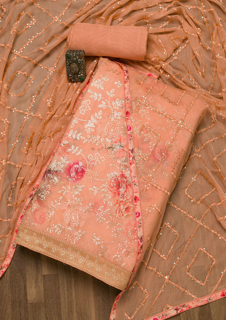 Peach Sequins Georgette Unstitched Salwar Suit-Koskii