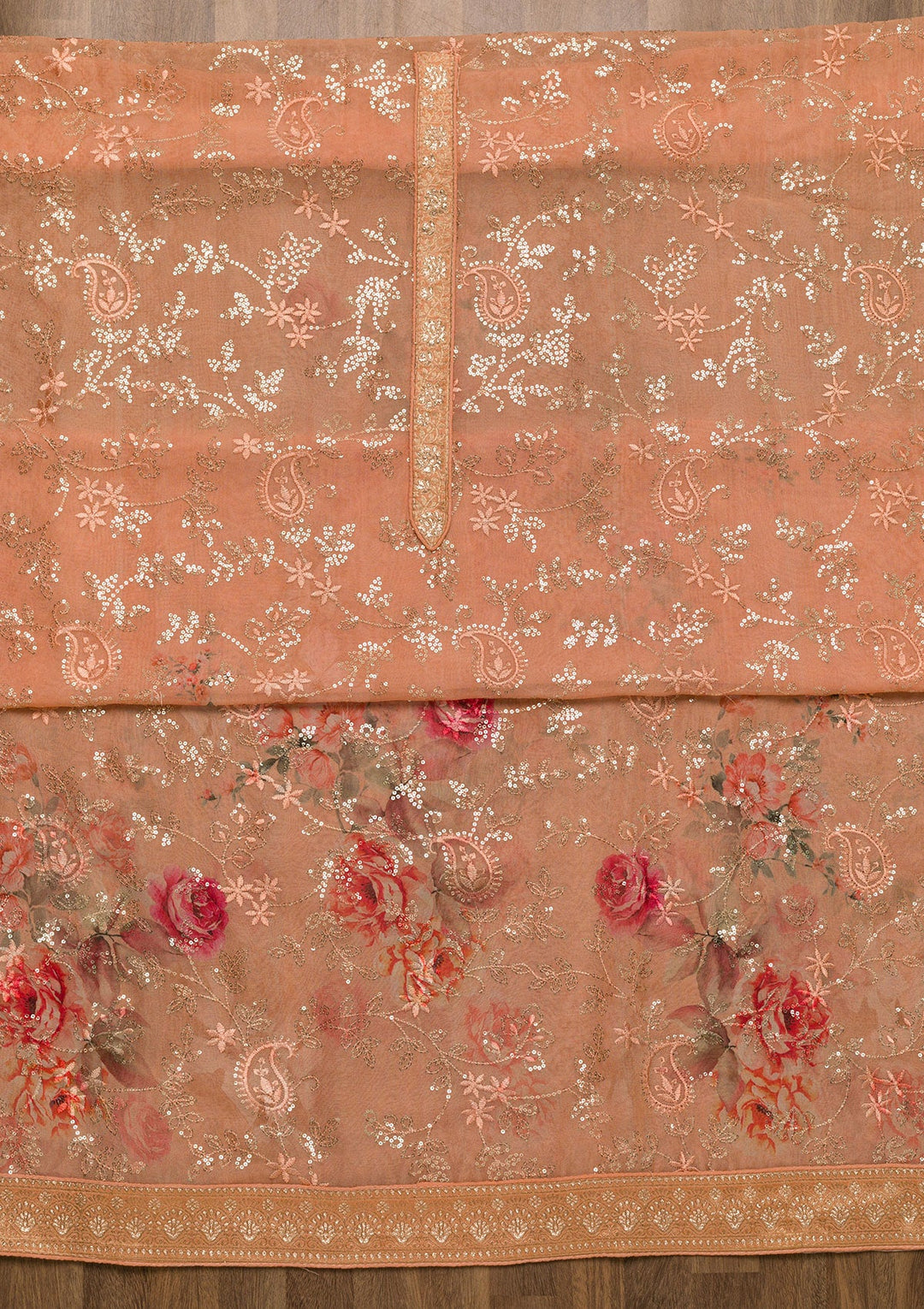 Peach Sequins Georgette Unstitched Salwar Suit-Koskii